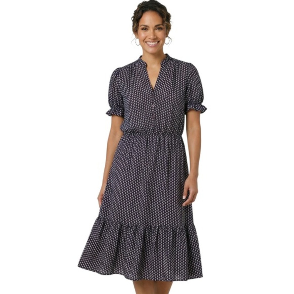 Fraiche by J Navy Floral Midi Dress Women's Large Short Puff Sleeve Tiered Hem L